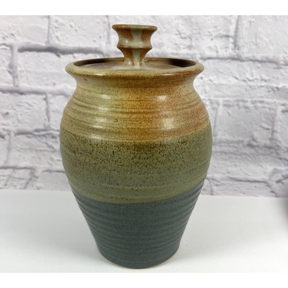 VTG Studio Stoneware Art Pottery Handmade Earth Green Glaze Lid Jar Pot Signed - Picture 14 of 14